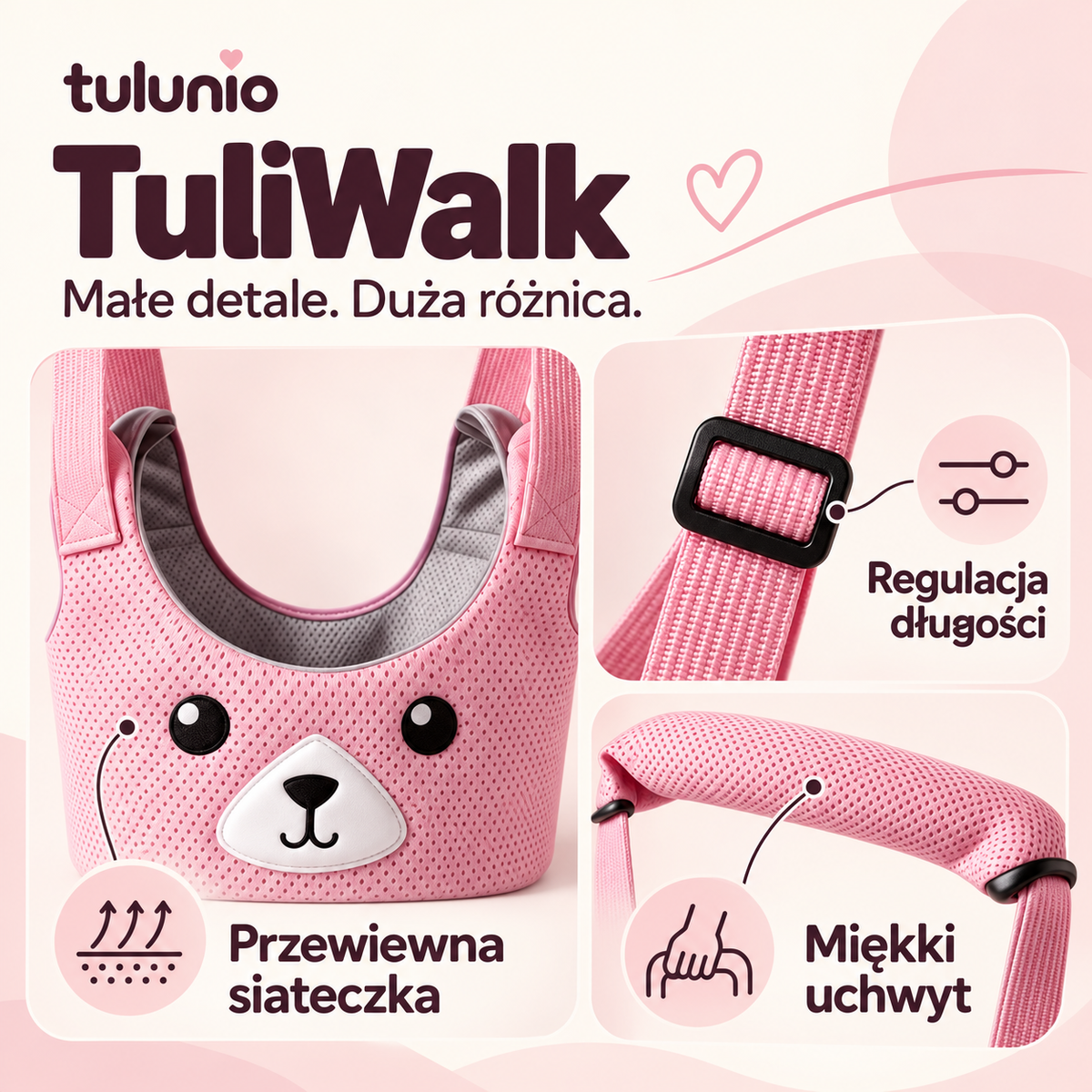 TuliWalk — szczegóły przewiewnej siateczki, regulacji długości i miękkiego uchwytu